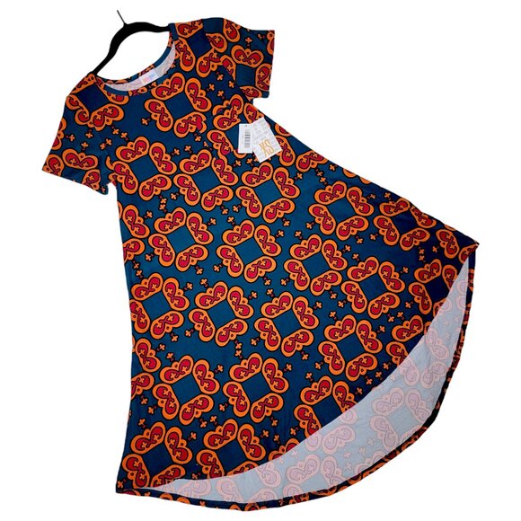 LuLaRoe Carly Dress XS Geometric Crown Pink Orange Teal High Low A-Line Swing - Picture 1 of 9